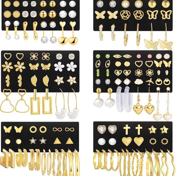 Gold Stud and Hoop Earrings Set 84 Pairs Hypoallergenic Gift for Women - Picture 1 of 5